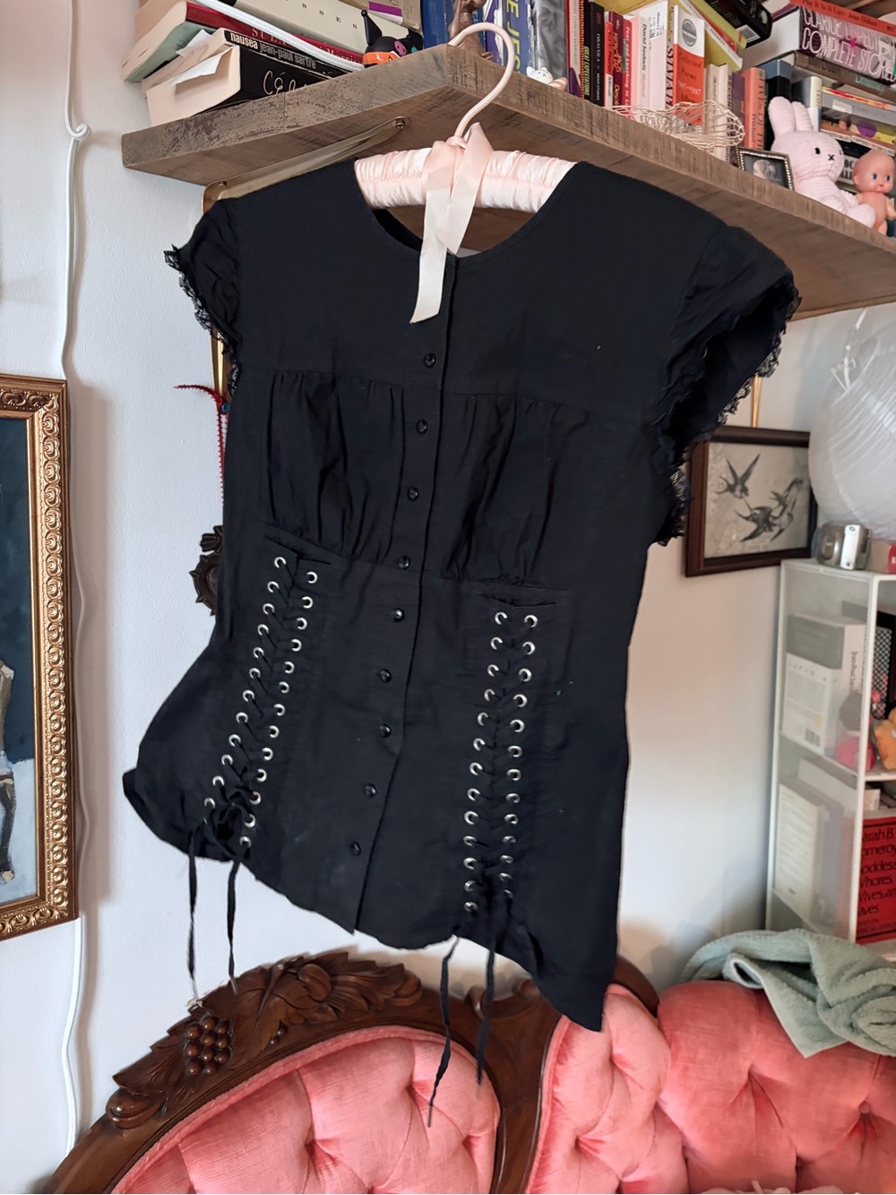 Moda International Black Lace-Up Button Front Corset Top